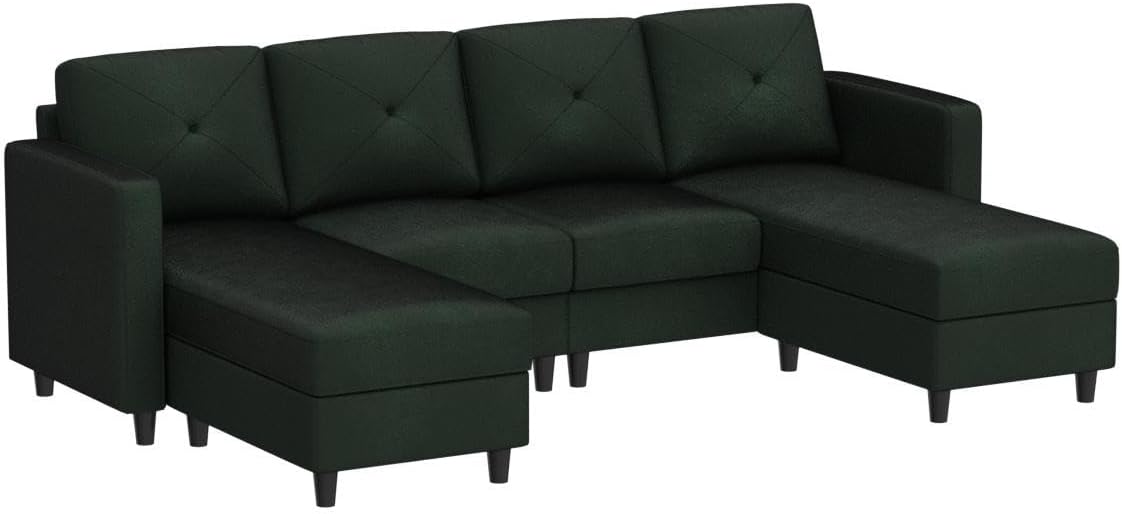 HONBAY U Shaped Sectional Sofa Convertible Couch with Double Chaises 4 Seat Sofa with Two Ottomans, Velvet Green