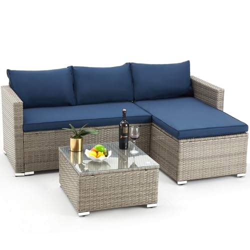 Outdoor Patio Furniture Sets, All-Weather Sectional Sofa with Tempered Glass Table