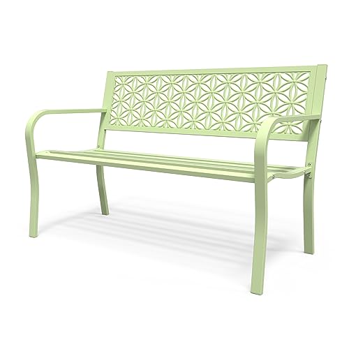 Outdoor Bench Metal with Floral Back, Garden Bench Front Porch Bench for Yard Patio