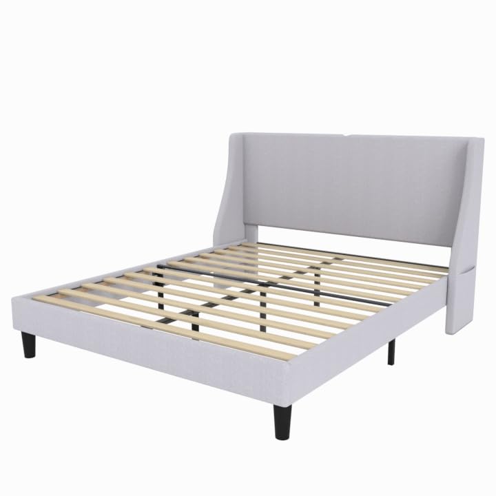 Queen Bed Frame with Upholstered Wingback Headboard