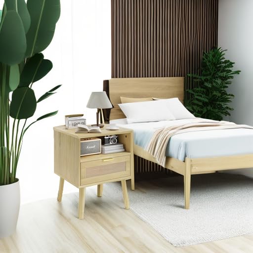 Natural Rattan Nightstand with Drawer, Boho Large Bedside Table with Open Shelf