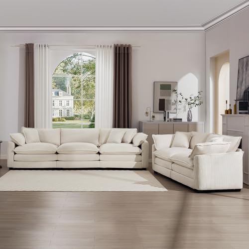 Modern Fabric Living Room Sofa Set - 2-Seat Loveseat & 3-Seat Couch in Light Beige Corduroy