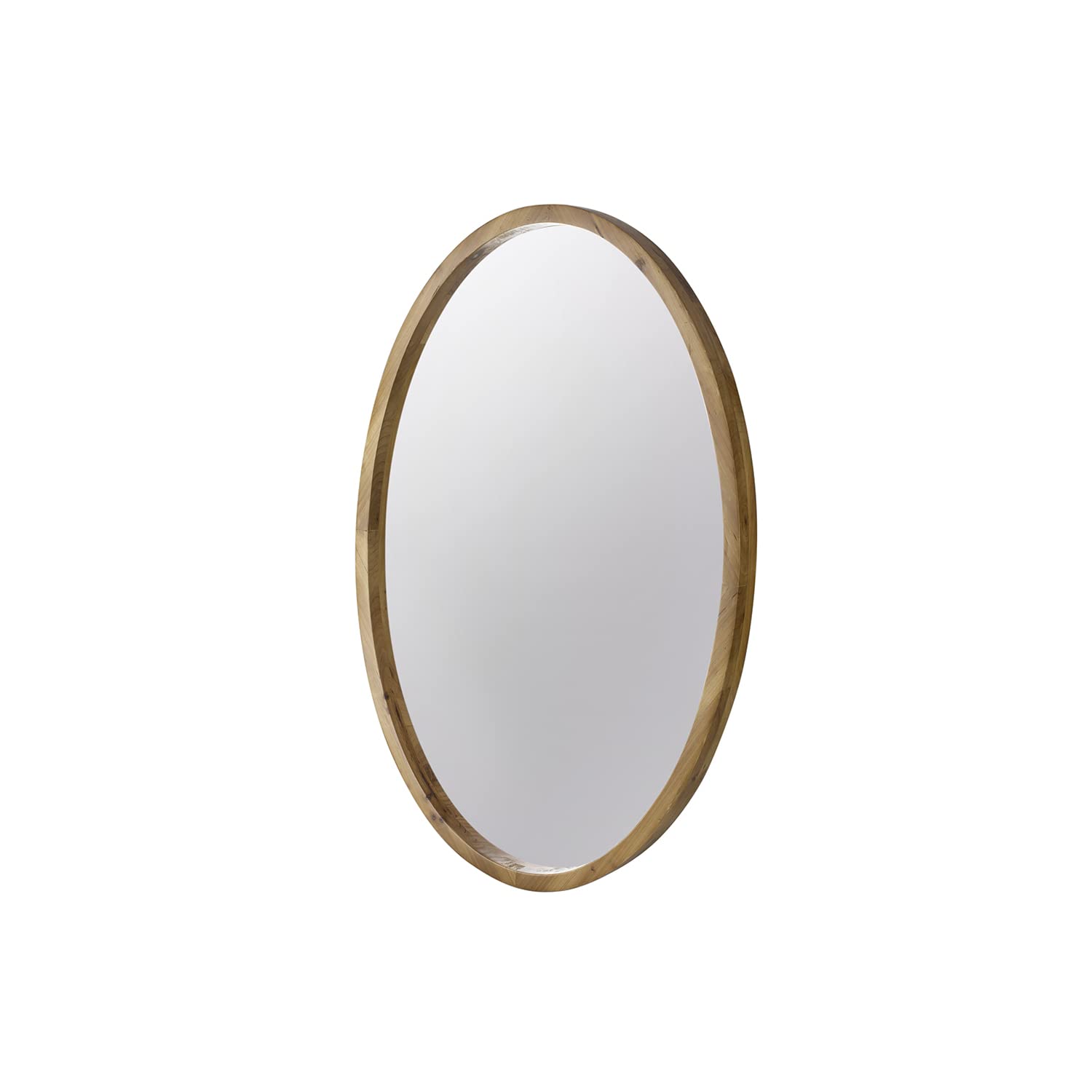 33 Inch Modern Accent Wall Mirror, Mountable Oval Wood Frame in Brown