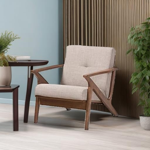 Bianca Mid-Century Modern Walnut Wood Light Grey Fabric Tufted Lounge Chair