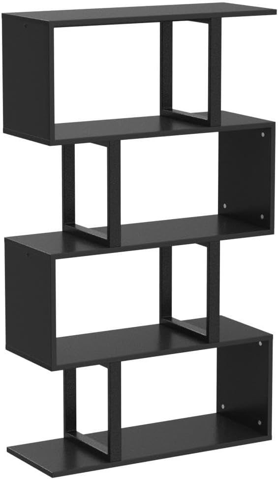 5-Tier Bookshelf, S-Shaped Z-Shelf Bookshelves and Bookcase, Modern Freestanding Multifunctional Decorative Storage Shelving for Living Room Home Office, Black