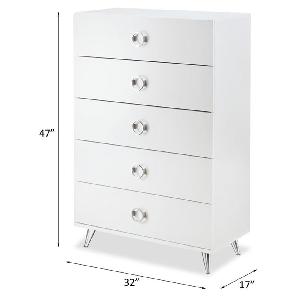 Acme Elms Wooden Rectangular Chest with 5 Storage Drawers in White and Chrome