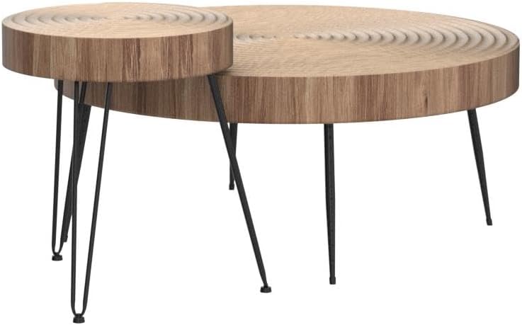 Farmhouse Round Coffee Table Set of 2, Cocktail Table Set, Modern Circle Natural Wood