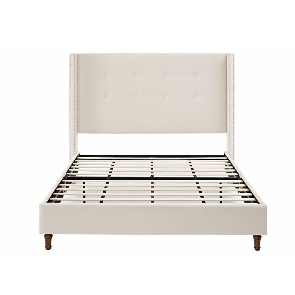 Upholstered Queen Bed with Nailhead Trim Wingback Headboard Ivory - Queen