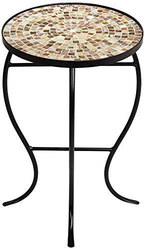 Teal Island Designs Mother of Pearl Modern Black Metal Round Outdoor Accent Side Table 14" Wide Natural Mosaic Tile Tabletop Gracefully Curved Legs for Spaces Porch Patio Home House Balcony Deck - Bircata