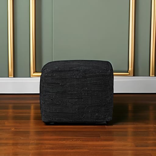 Fredrik Boho Square Pouf in Black Woven Genuine Leather for the Living Room, Bedroom
