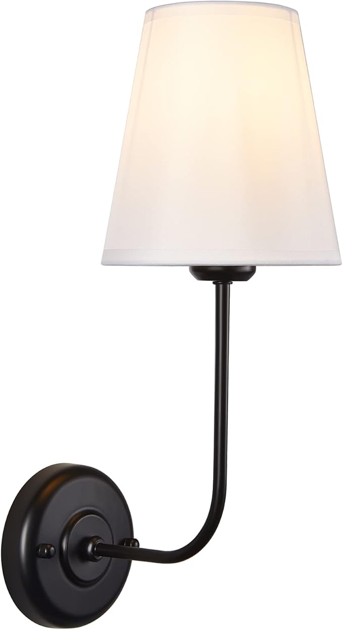 Hardwire Modern Wall Sconces with Flared Shape White Textile Shade Curved Arm