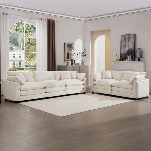 Modern Fabric Living Room Sofa Set - 2-Seat Loveseat & 3-Seat Couch in Light Beige Corduroy