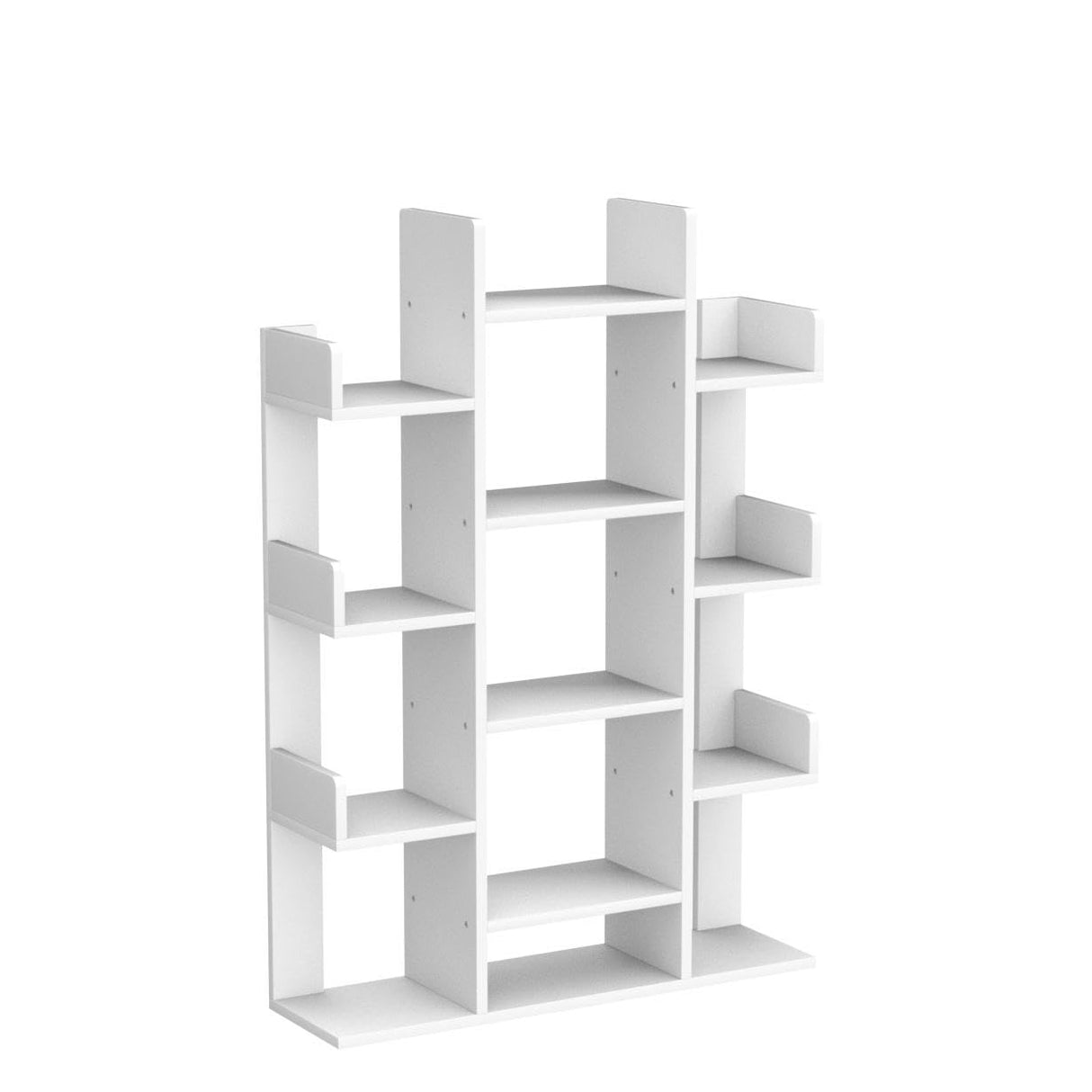Bookshelf, Tree-Shaped Bookcase Storage Shelf with 13 compartments, Books Organizer Display Cube Shelves, Industrial Free Floor Standing Wood Open Bookshelves for Home, White