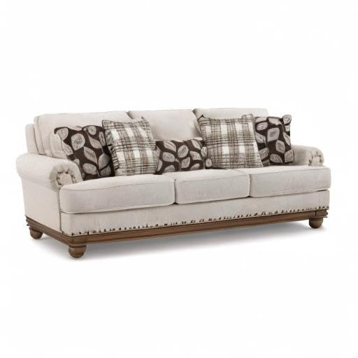 Harleson Modern Farmhouse Sofa with Nailhead Trim and 5 Accent Pillows, Beige