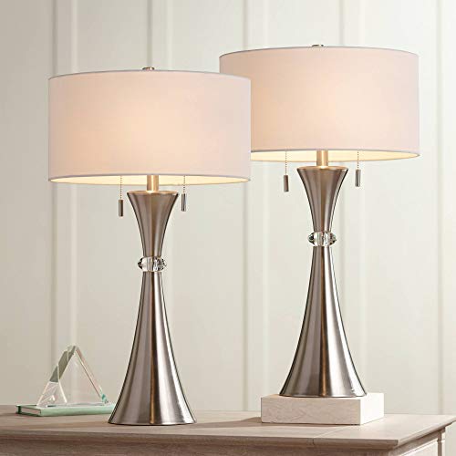 Rachel Modern Art Deco Table Lamps 28" Tall Set of 2 Concave Column Hourglass Silver