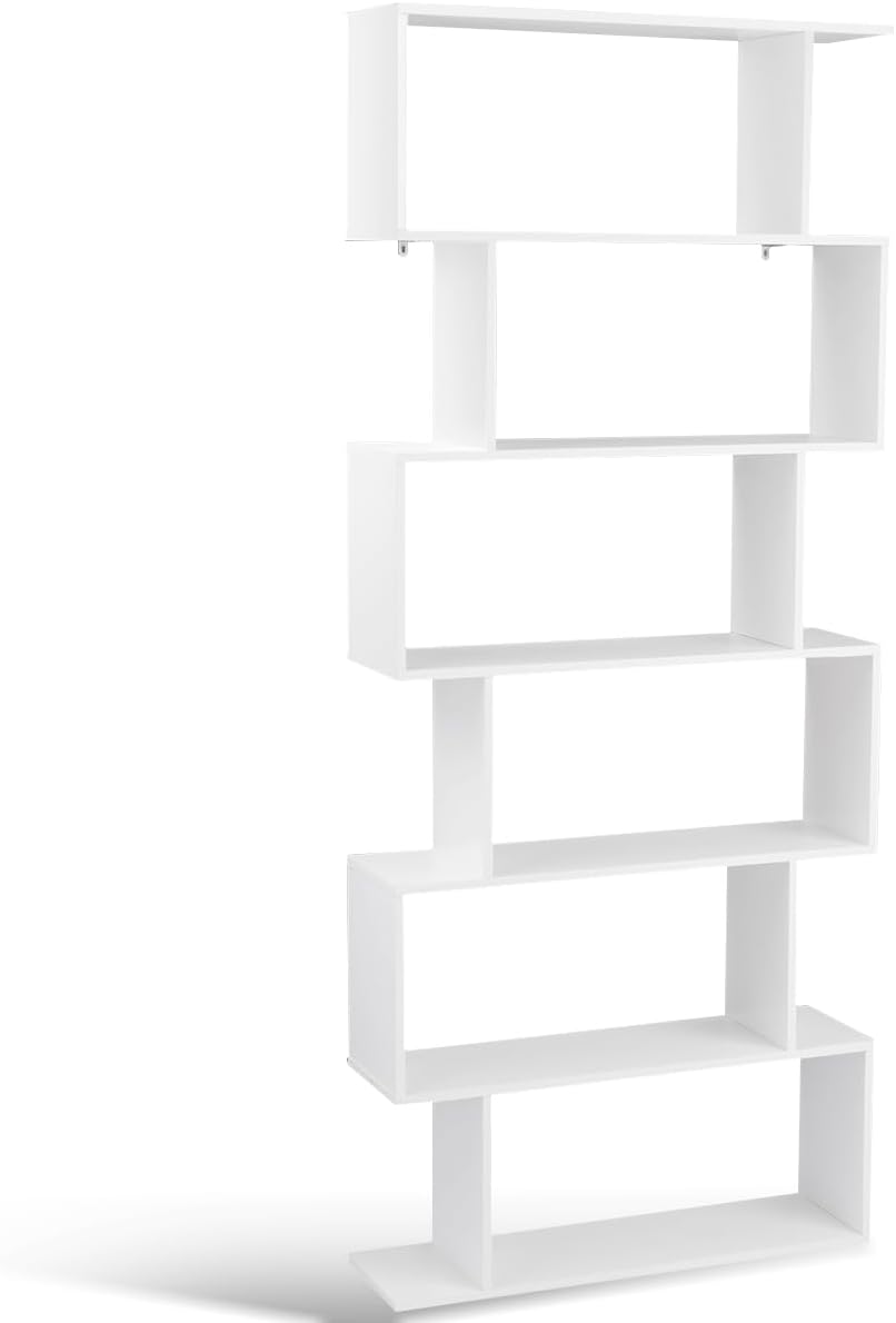 Tangkula 6-Tier Geometric Bookcase, Modern S-Shaped Storage Display Bookshelf for Living Room, Anti-Toppling Device, Home Office Wooden 6 Shelf Open Bookcase (1, White)