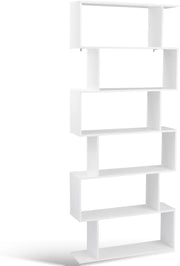 Tangkula 6-Tier Geometric Bookcase, Modern S-Shaped Storage Display Bookshelf for Living Room, Anti-Toppling Device, Home Office Wooden 6 Shelf Open Bookcase (1, White)