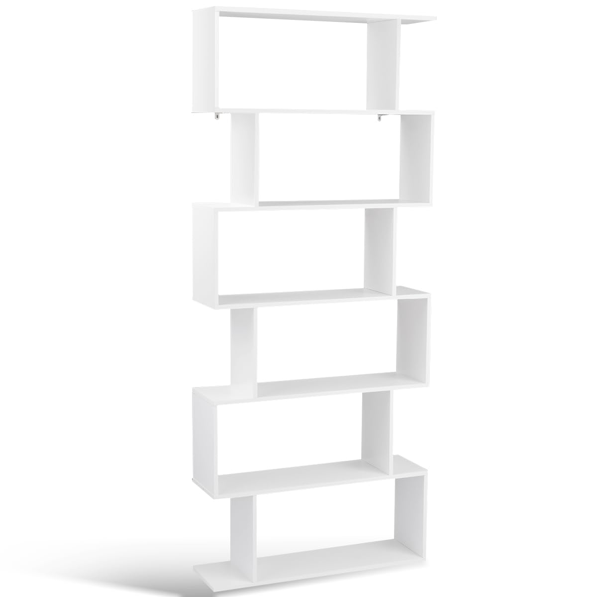 Tangkula 6-Tier Geometric Bookcase, Modern S-Shaped Storage Display Bookshelf for Living Room, Anti-Toppling Device, Home Office Wooden 6 Shelf Open Bookcase (1, White)