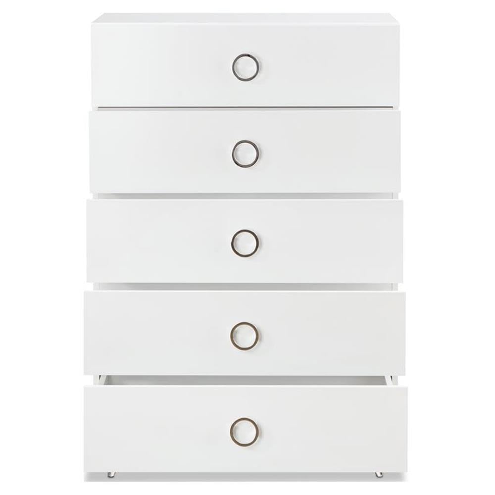 Acme Elms Wooden Rectangular Chest with 5 Storage Drawers in White and Chrome