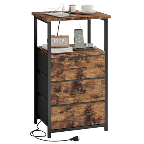 Night Stand with 3 Fabric Drawers, Tall Nightstand