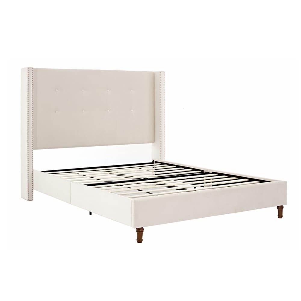 Upholstered Queen Bed with Nailhead Trim Wingback Headboard Ivory - Queen