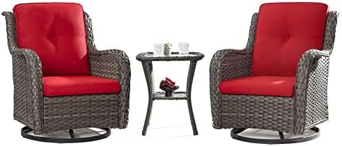 5 Piece Outdoor Patio Furniture Set Wicker Conversation Bistro Set Swivel Rocking Chairs with Side Table and Ottomans for Backyard, Porch, Deck(Mixed Grey/Orange)