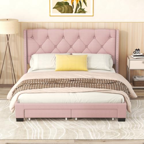 Queen Size Storage Bed Linen Upholstered Platform Bed with Two Drawers, Pink