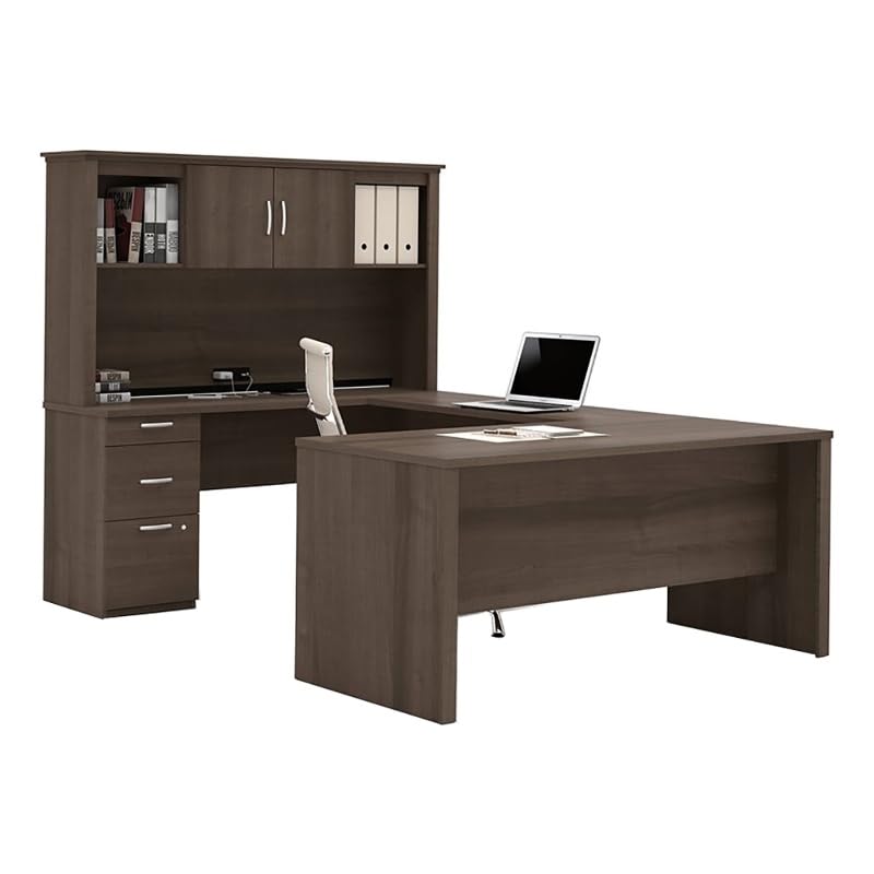 Modern Contemporary U-Shaped Wood Computer Desk with Hutch