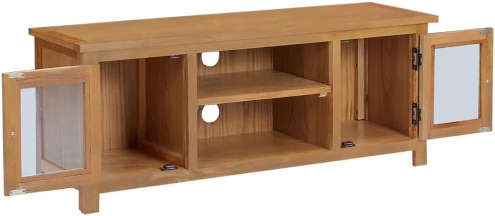 TV Stand - Durable Solid Oak Wood TV Cabinet with Doors and Open Compartments for Storage