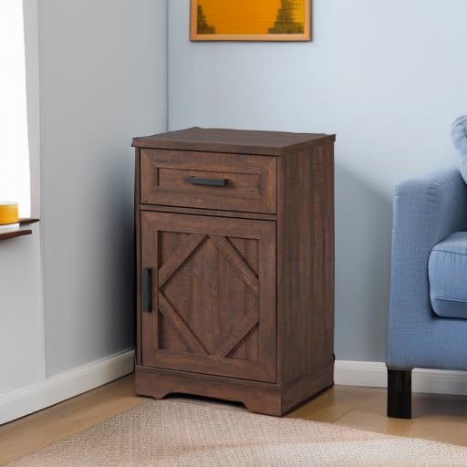 End Table with 1 Drawer & Barn Door, Farmhouse Large Sofa Side Table