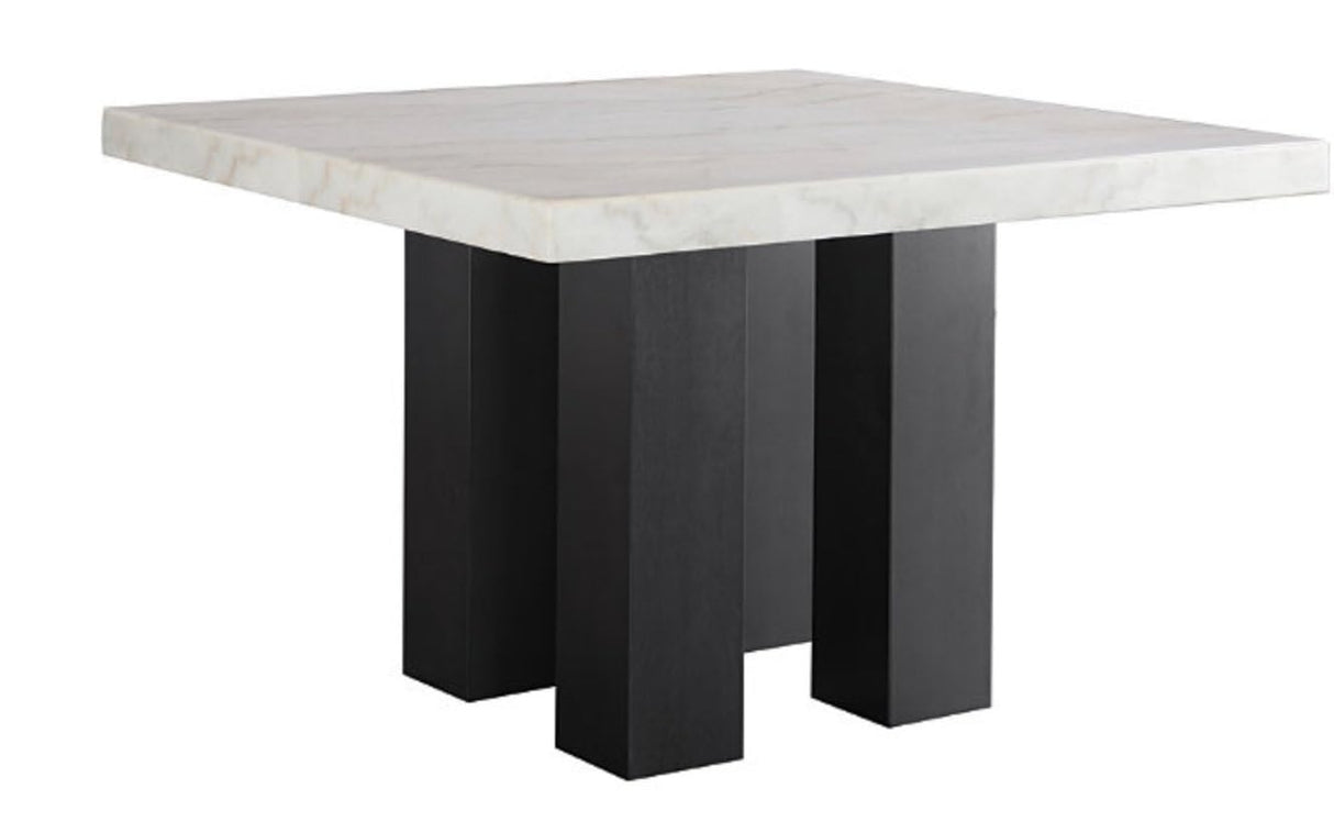 5-Piece Square Dining Set with White Faux Marble Top and Blue Upholstered Chairs