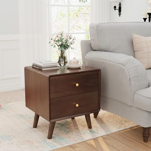 Mid Century Modern Nightstand, Walnut Oak Solid Wood Night Stand with 2 Drawers