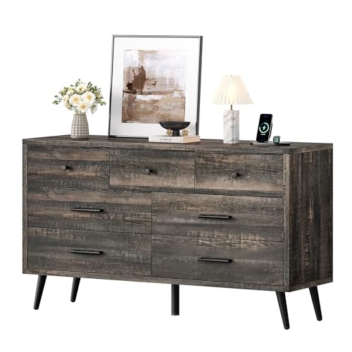 Dark Rustic Oak 7 Drawer Dresser, 47" W Large Double Dresser Chest of Drawers