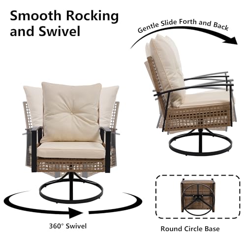 DAYRUS Swivel Outdoor Chairs Set of 2 with Side Table, 3 Pieces Patio Bistro Set with Armrests, High Back Wicker Swivel Rocker Patio Chairs, Upholstered Patio Conversation Set for Porch/Yard, Beige