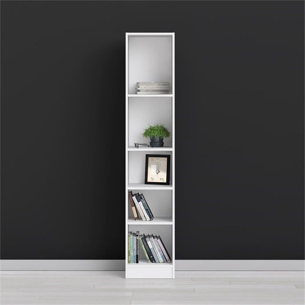 5 Shelf Narrow Contemporary Bookcase in White