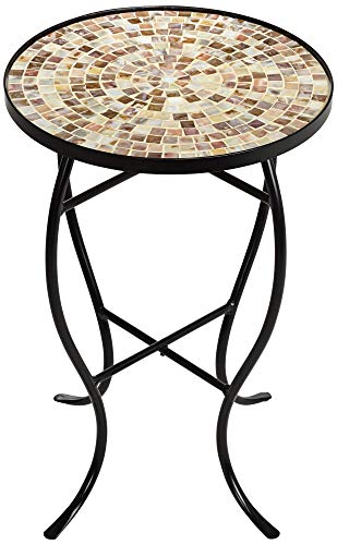Teal Island Designs Mother of Pearl Modern Black Metal Round Outdoor Accent Side Table 14" Wide Natural Mosaic Tile Tabletop Gracefully Curved Legs for Spaces Porch Patio Home House Balcony Deck - Bircata