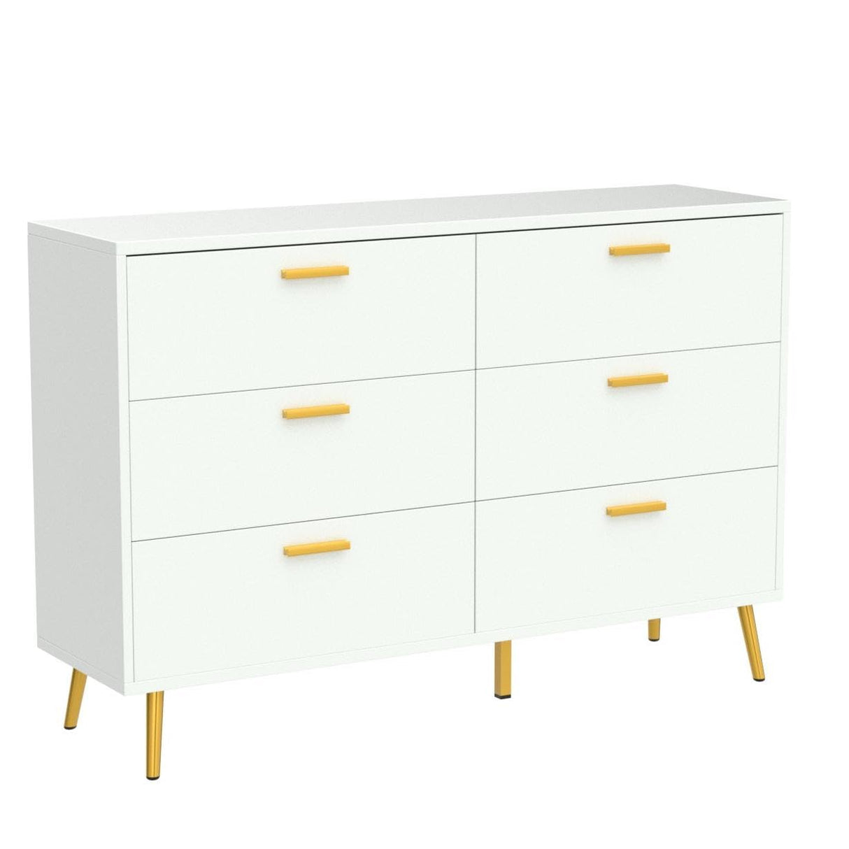 Homsee 6 Drawer Double Dresser Storage Chest of Drawers, Wood Dresser Chest with Gold Metal Legs for Bedroom, Living Room & Hallway, White (54āL x 15.6āW x 30.1āH)