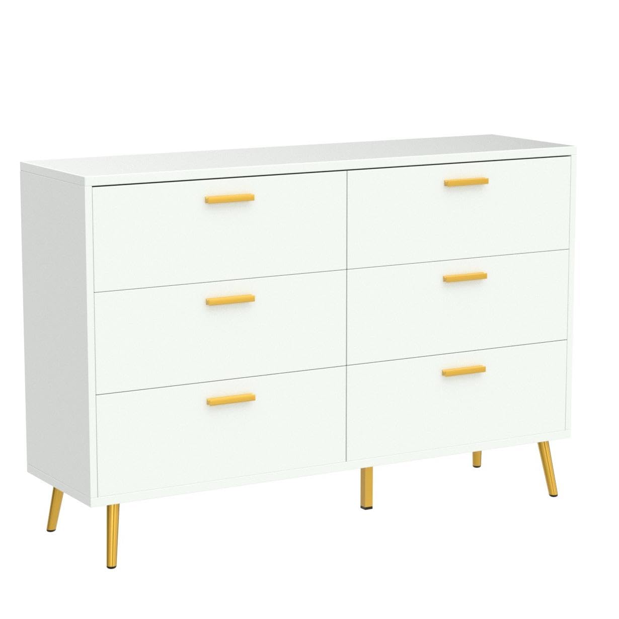 Homsee 6 Drawer Double Dresser Storage Chest of Drawers, Wood Dresser Chest with Gold Metal Legs for Bedroom, Living Room & Hallway, White (54”L x 15.6”W x 30.1”H)
