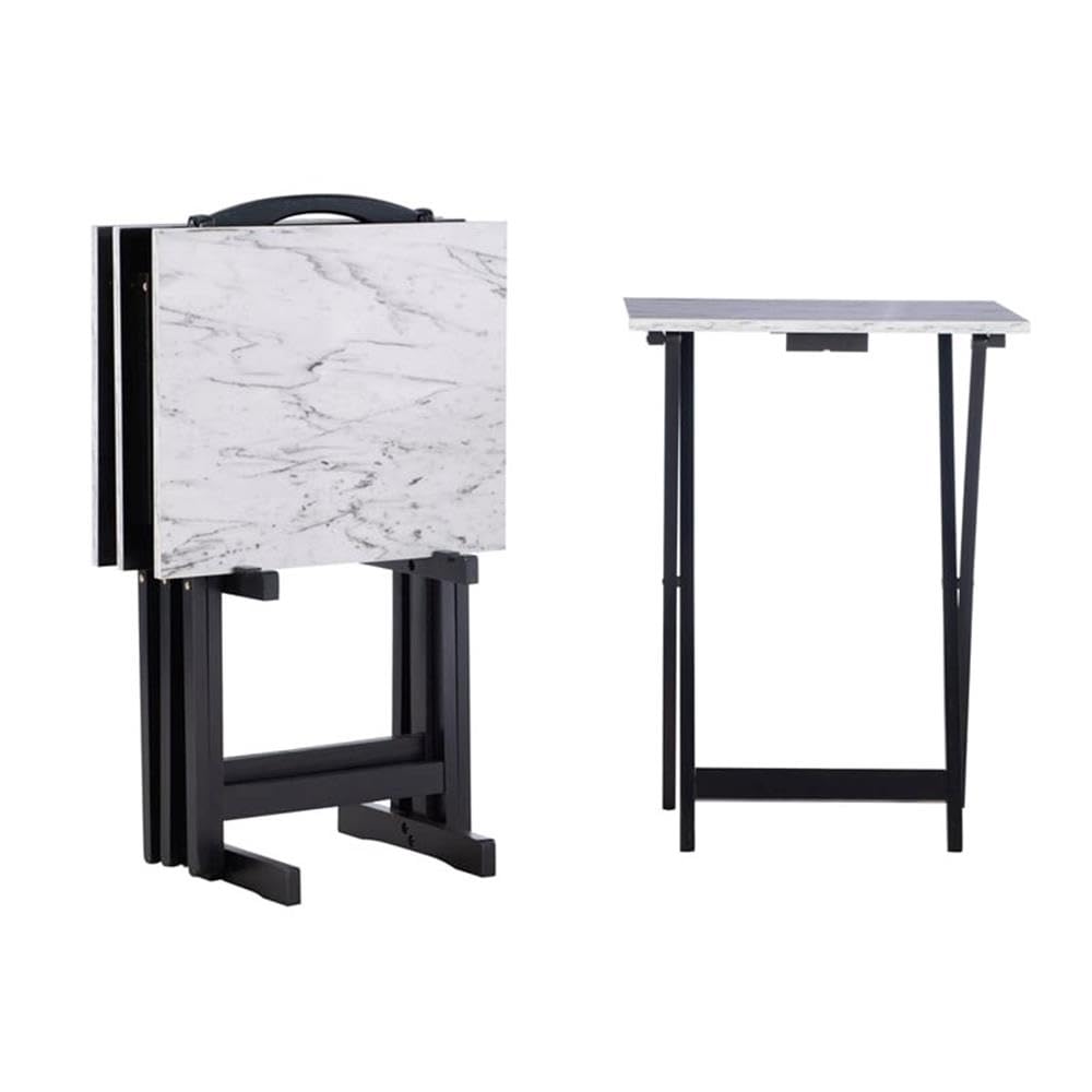 ModMarble 5-Piece Faux Marble Folding TV Tray Table Set with Storage Stand