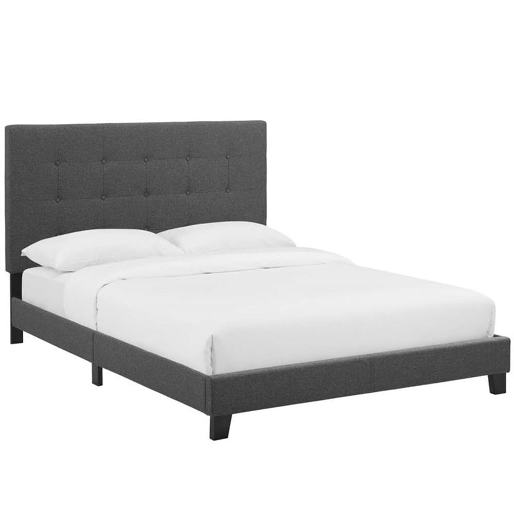 Modern Button Tufted Fabric Full Platform Bed in Gray