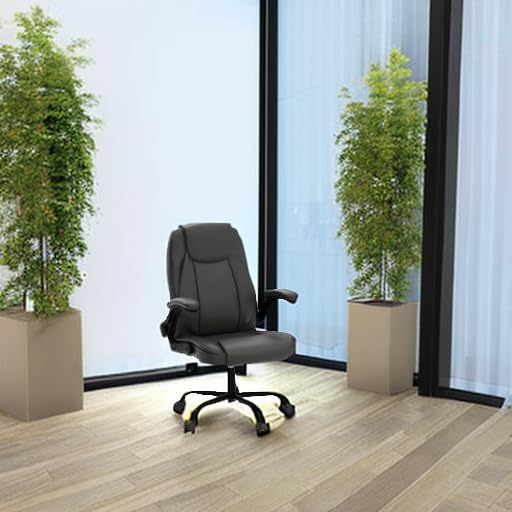 Ergonomic Office Chair PU Leather Executive Chair Padded Flip Up Armrest Computer Chair Adjustable Height High Back Lumbar Support Wheels Swivel