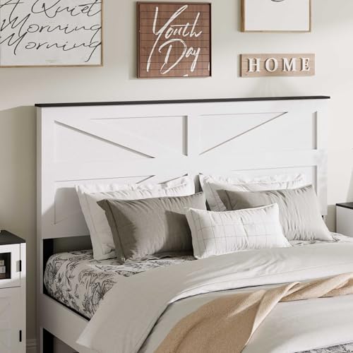 Queen Size Farmhouse Wooden Bed Frame with Headboard - White