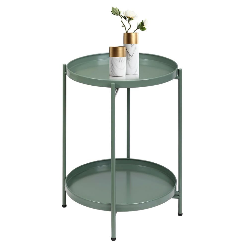 End Table,Folding Round Metal Side Table Waterproof,Round End Table with Removable