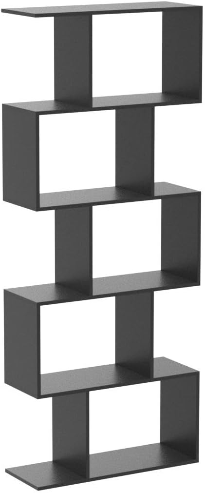 Castle Set of 2 Geometric Bookcase, S-Shaped Modern Bookshelf, Room Divider Bookshelf, 62" Tall Unique Abstract Bookcase with 5-Tier Display Shelf for Living Room Office, Black