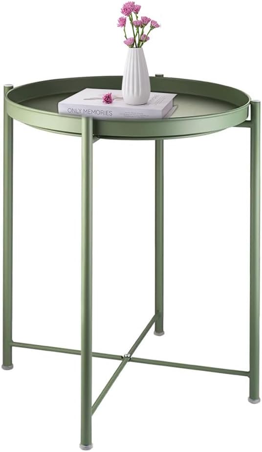 End Table,Folding Round Metal Side Table Waterproof,Round End Table with Removable