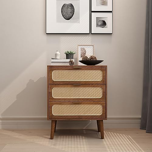 2 Sets of Rattan Nightstand Dresser Chest of 3 Drawers