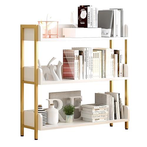 Open Shelf Bookcase - Modern 3-Tier Floor Standing Display Bookshelf with Three-Side Panels for Home and Office, Storage Shelving in Warm White with Gold Frame