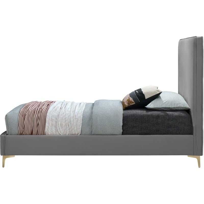Meridian Furniture Geri Collection Modern | Contemporary Velvet Upholstered Bed with Piping on Headboard and Foorboard in Gold or Chrome Finish, Queen, Grey