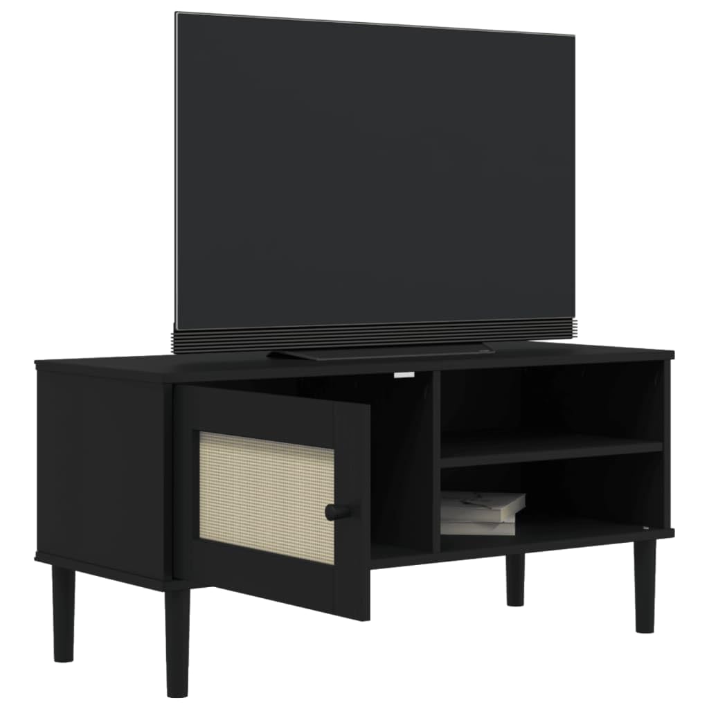 SENJA Rattan Look TV Stand - Black, Solid Wood Pine, Ample Storage