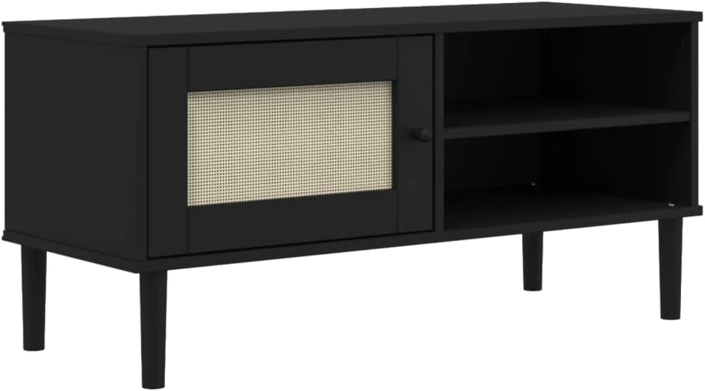 SENJA Rattan Look TV Stand - Black, Solid Wood Pine, Ample Storage
